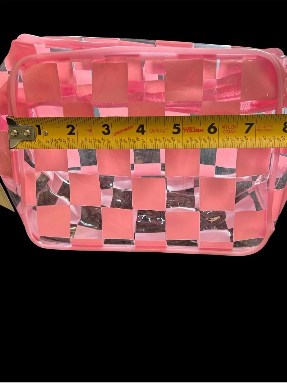 Clear Zippered Pouch Pink Checkered Transparent Cosmetic Case 8X6X4”
